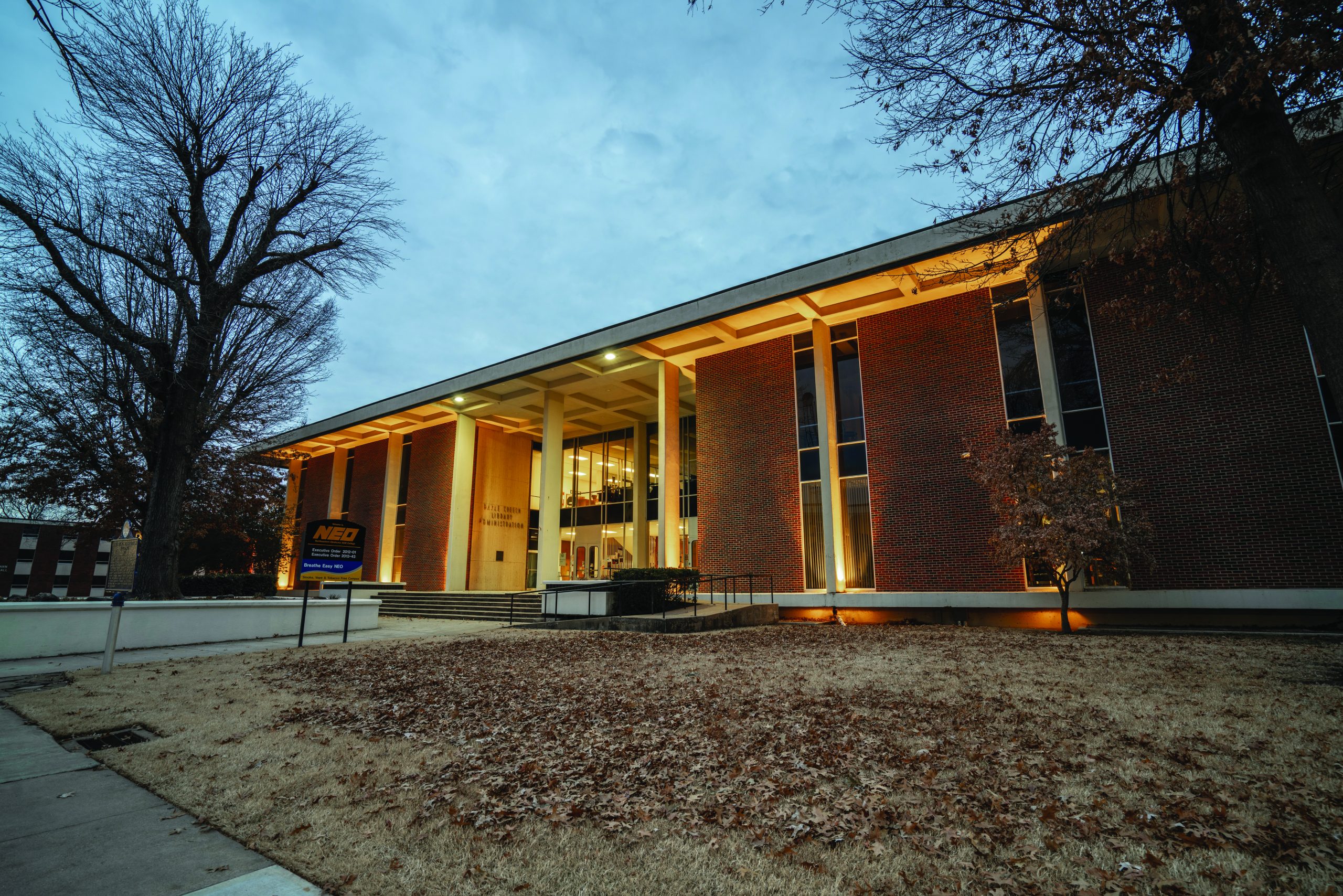 Exterior of library/admin building in the evening