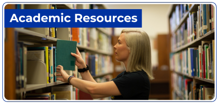 Photo of student in the library labeled Academic Resources. 