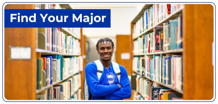 Photo of a student in a library labeled Find Your Major.