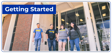 Photo of students in front of a campus building with the label Getting Started. 