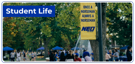 Photo of students on the NEO campus labeled Student Life.